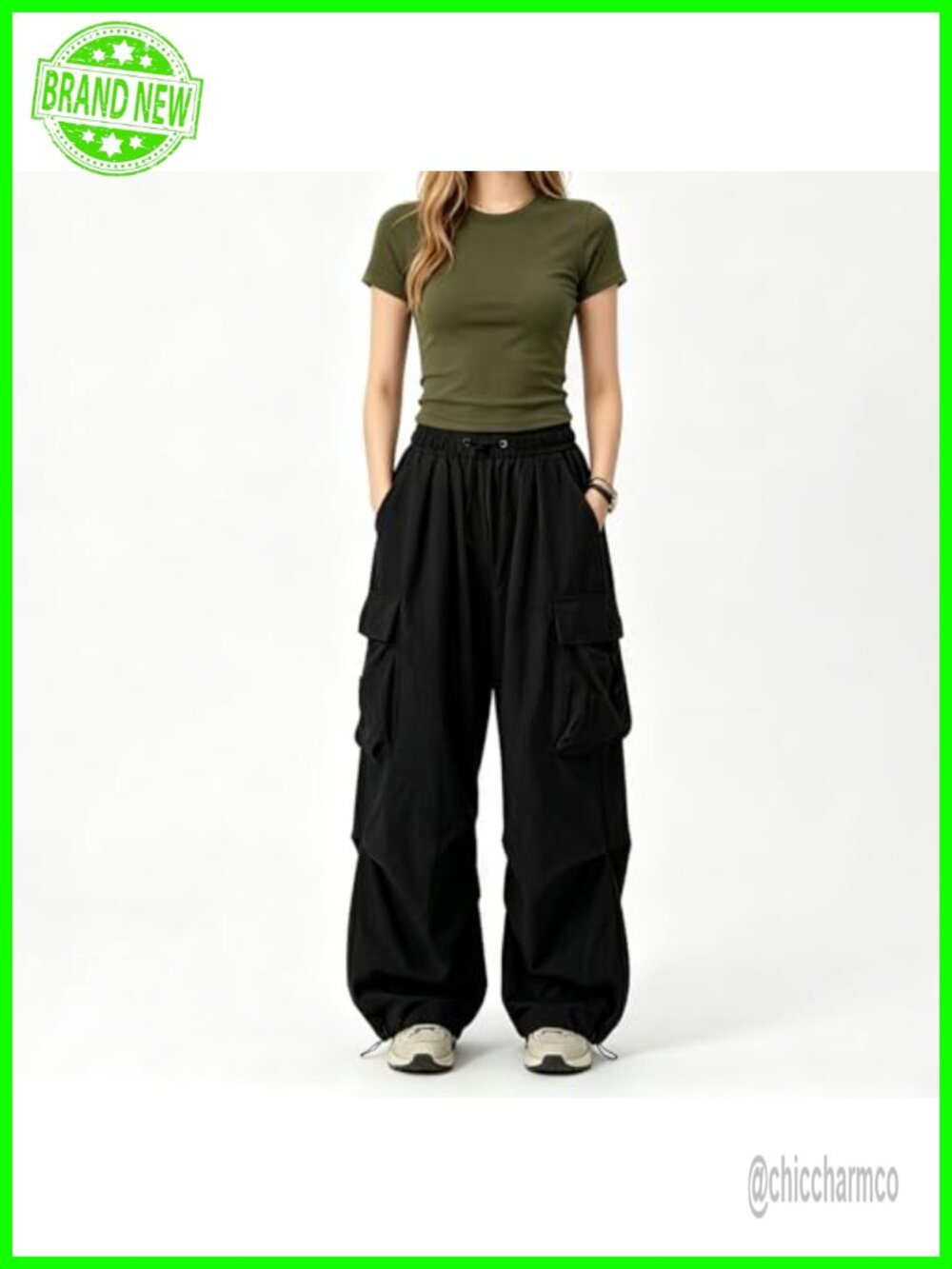 Women's Baggy Cargo Pants with Elastic Waist and Drawstring